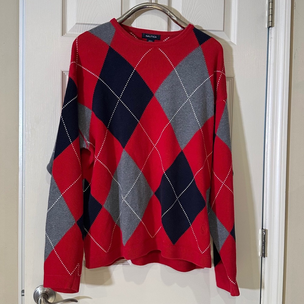 Nautica Mens Red Argyle Crewneck Sweater 100% Cotton Large Navy Grey Long Sleeve